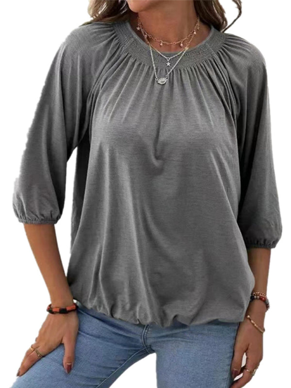 Solid Color Loose Round Neck 3/4 Sleeves Ladies T-Shirt