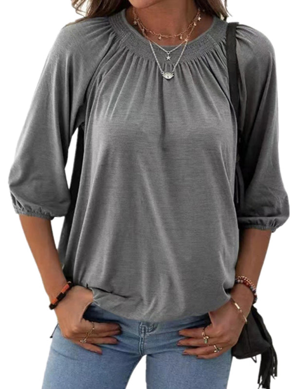 Solid Color Loose Round Neck 3/4 Sleeves Ladies T-Shirt