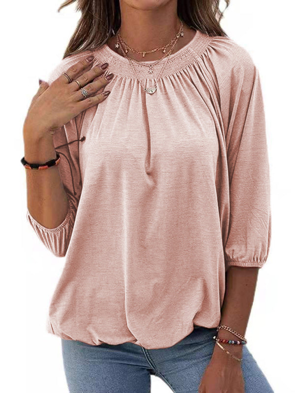 Solid Color Loose Round Neck 3/4 Sleeves Ladies T-Shirt