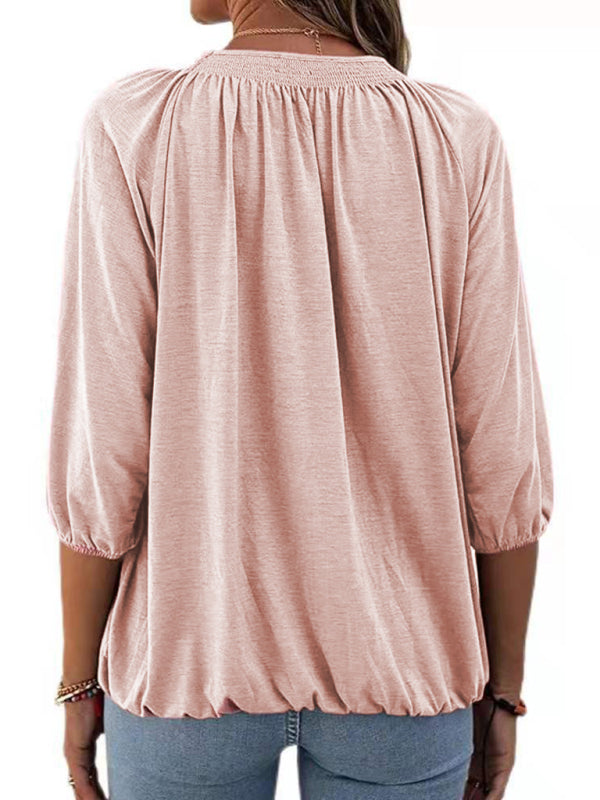 Solid Color Loose Round Neck 3/4 Sleeves Ladies T-Shirt