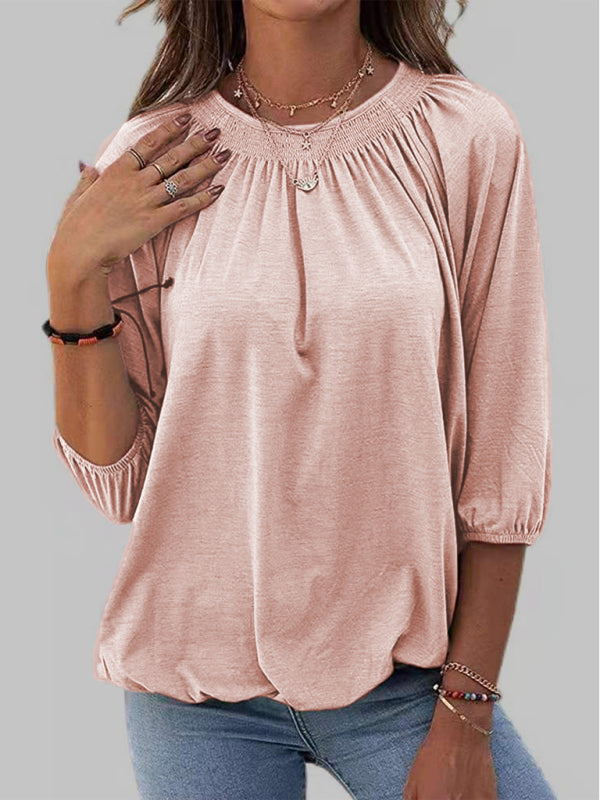 Solid Color Loose Round Neck 3/4 Sleeves Ladies T-Shirt