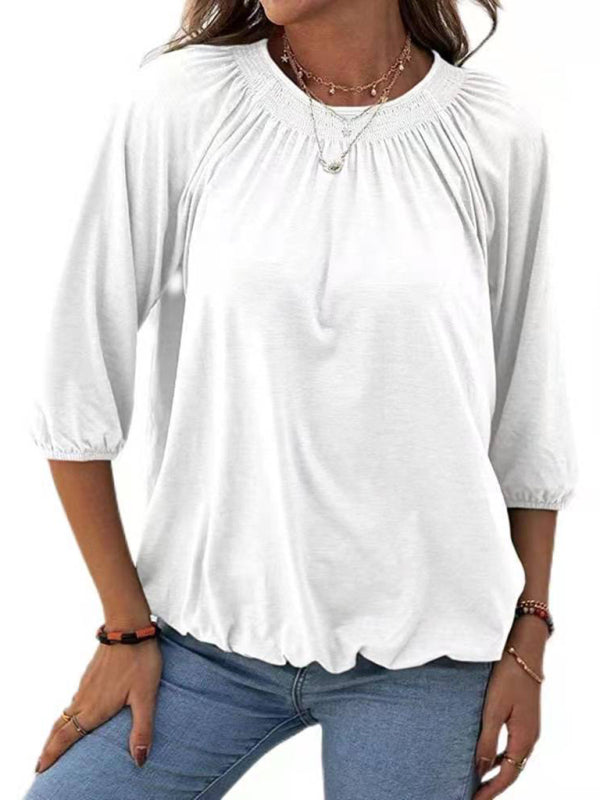 Solid Color Loose Round Neck 3/4 Sleeves Ladies T-Shirt