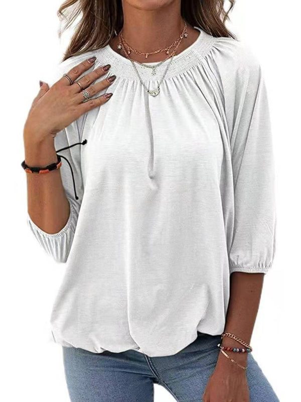 Solid Color Loose Round Neck 3/4 Sleeves Ladies T-Shirt