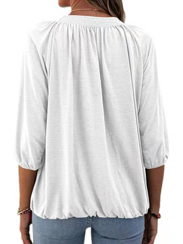 Solid Color Loose Round Neck 3/4 Sleeves Ladies T-Shirt