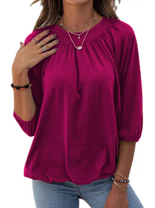 Solid Color Loose Round Neck 3/4 Sleeves Ladies T-Shirt