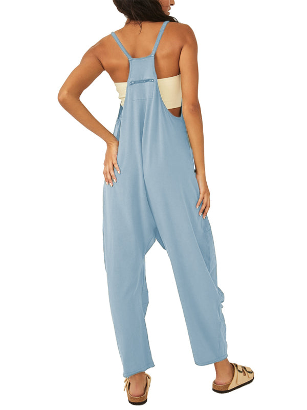 Women's casual solid color V-neck suspender pocket jumpsuit