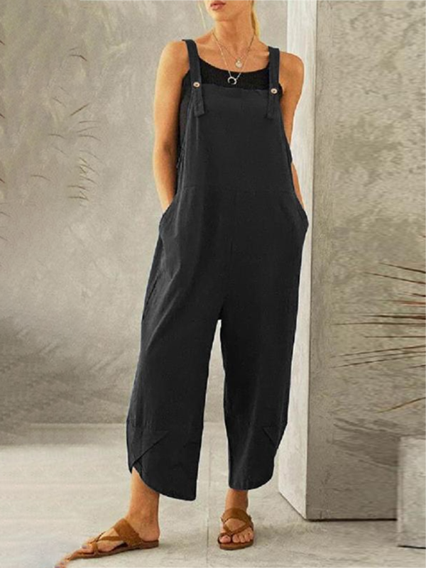 Women's Solid color casual button up suspender jumpsuit