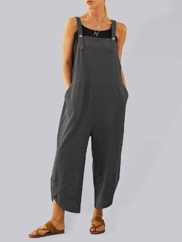 Women's Solid color casual button up suspender jumpsuit