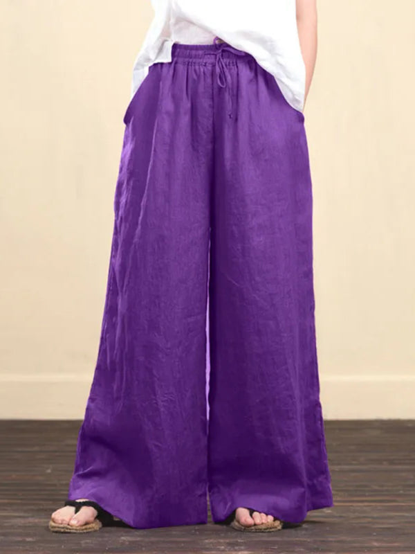 Women's solid color  linen loose wide-leg pants