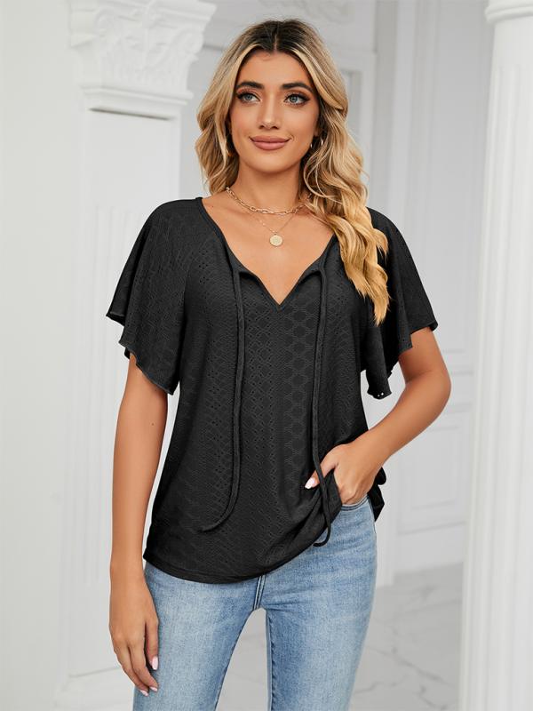 Women's Solid Color Round Neck Tie Short Sleeve Loose Knit Top