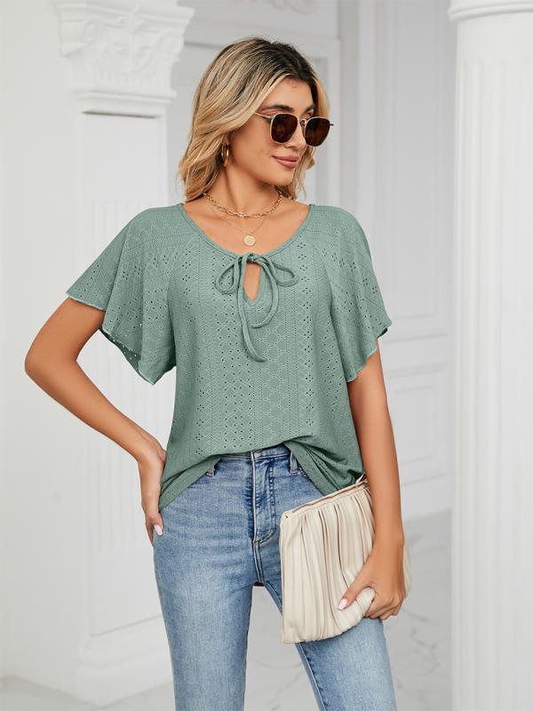 Women's Solid Color Round Neck Tie Short Sleeve Loose Knit Top