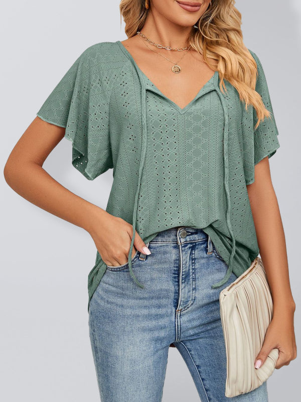 Women's Solid Color Round Neck Tie Short Sleeve Loose Knit Top