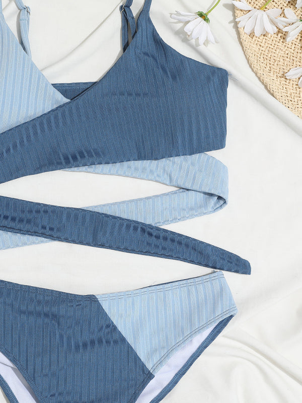 Women's solid color color block thick pit strip cross strap high waist bikini