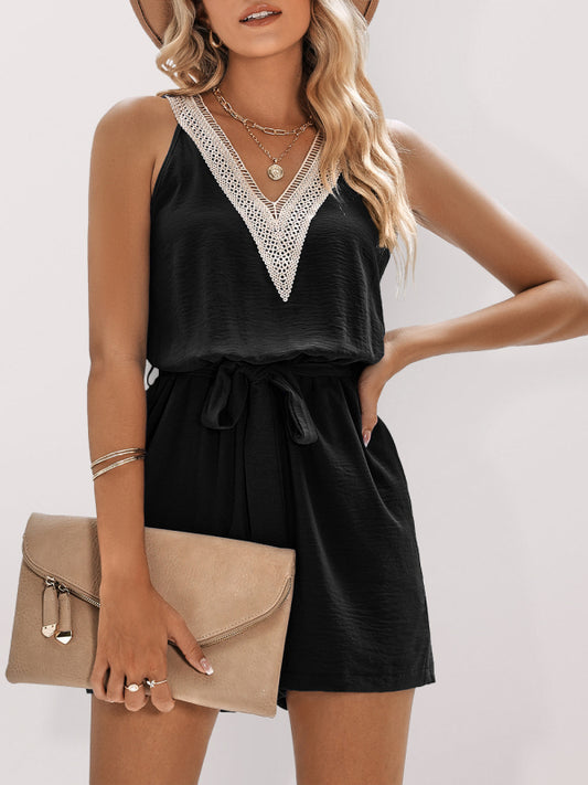 Women's Casual Lace V-Neck Sleeveless Belt Jumpsuit