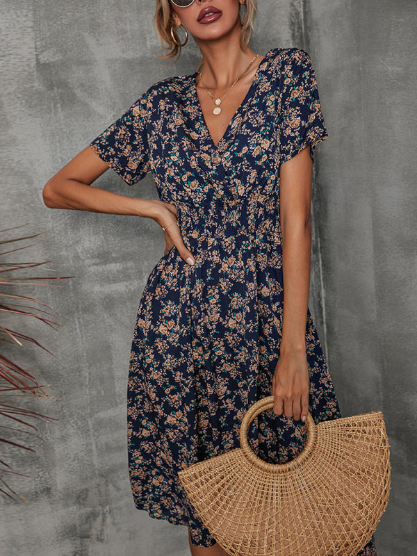 Floral Print V-Neck Vacation Midi Dress