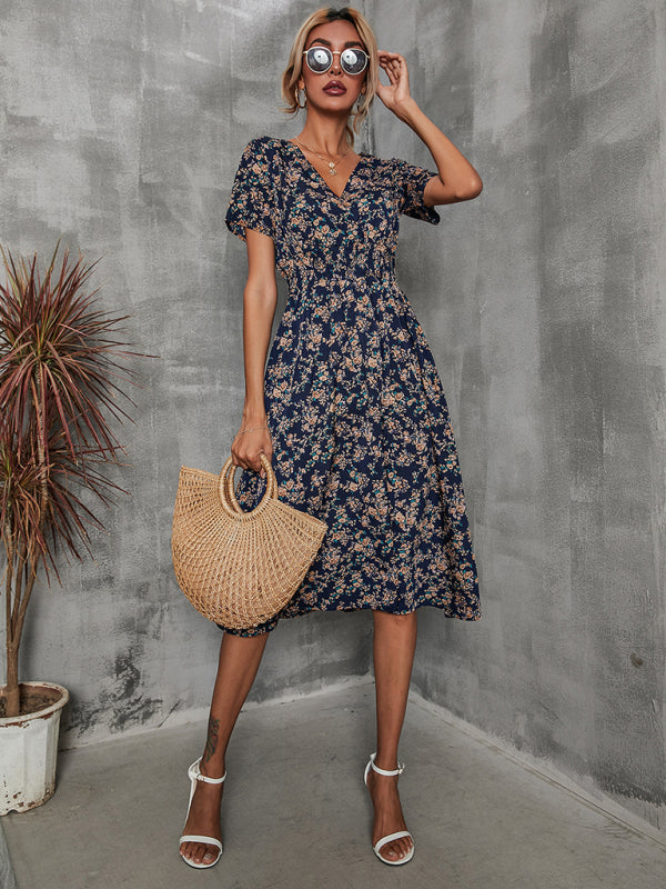 Floral Print V-Neck Vacation Midi Dress