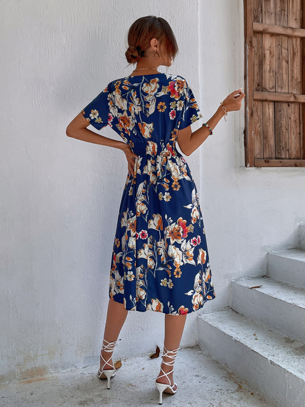 Floral Print V-Neck Vacation Midi Dress