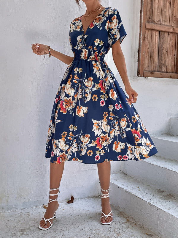 Floral Print V-Neck Vacation Midi Dress