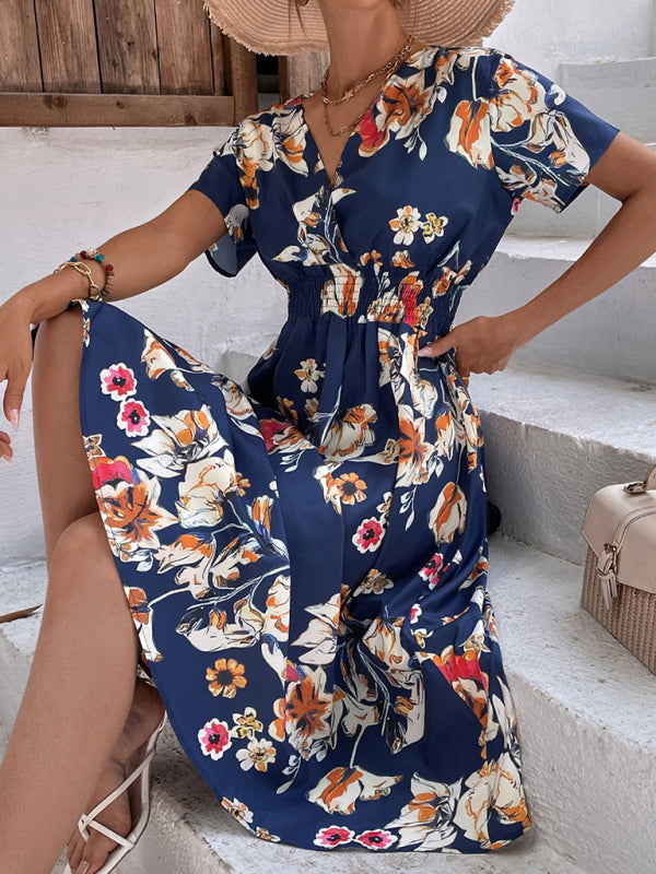 Floral Print V-Neck Vacation Midi Dress