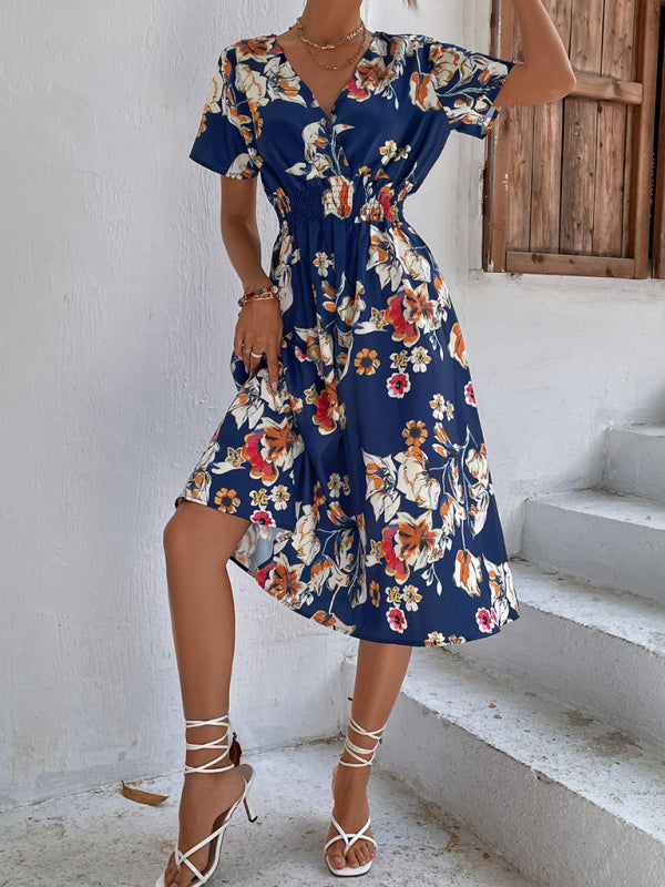 Floral Print V-Neck Vacation Midi Dress