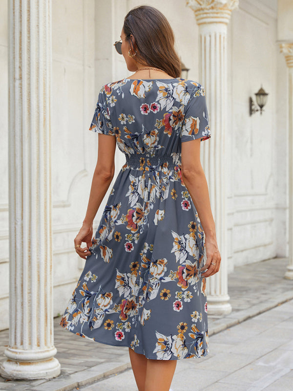 Floral Print V-Neck Vacation Midi Dress