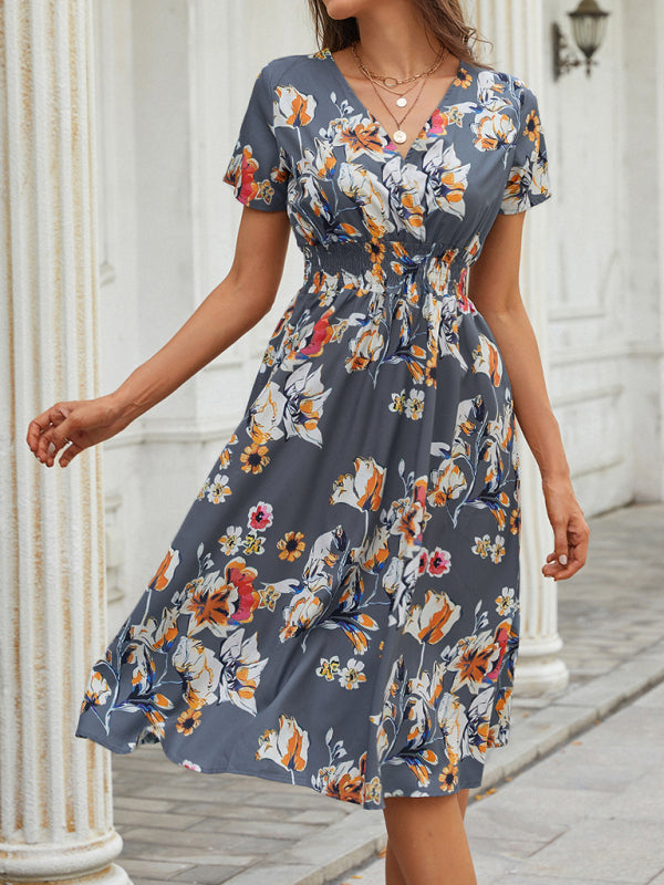 Floral Print V-Neck Vacation Midi Dress