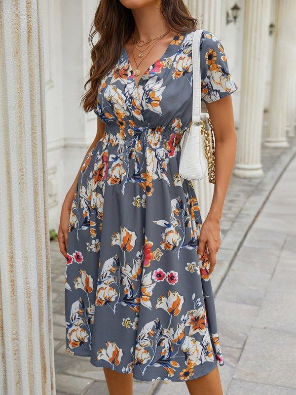 Floral Print V-Neck Vacation Midi Dress