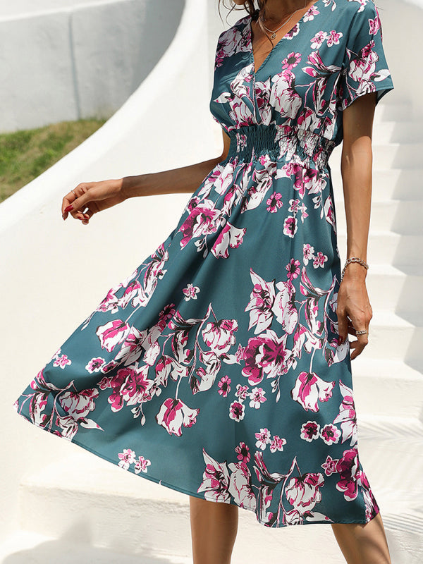 Floral Print V-Neck Vacation Midi Dress