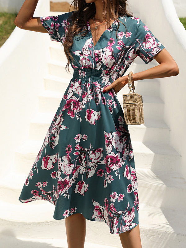 Floral Print V-Neck Vacation Midi Dress