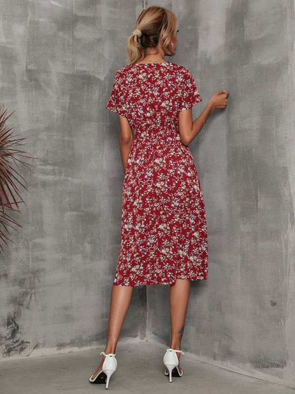 Floral Print V-Neck Vacation Midi Dress