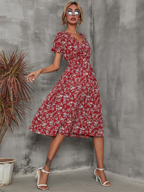 Floral Print V-Neck Vacation Midi Dress