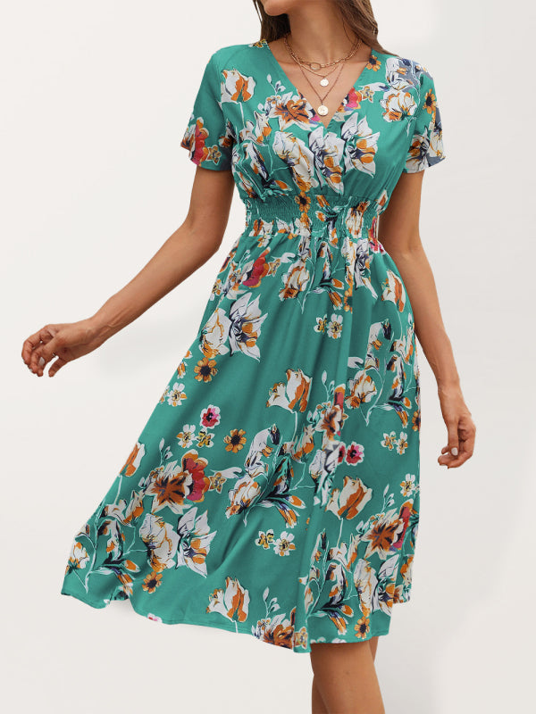 Floral Print V-Neck Vacation Midi Dress