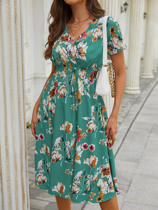 Floral Print V-Neck Vacation Midi Dress