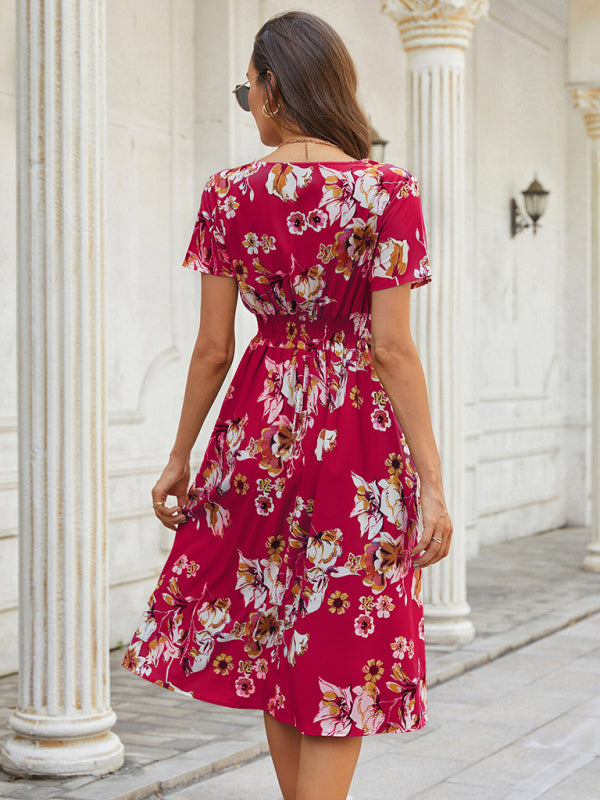 Floral Print V-Neck Vacation Midi Dress