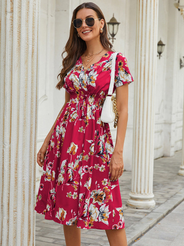 Floral Print V-Neck Vacation Midi Dress