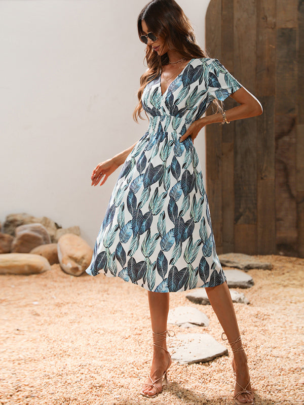 Leaf Print V-neck Vacation Midi Dress