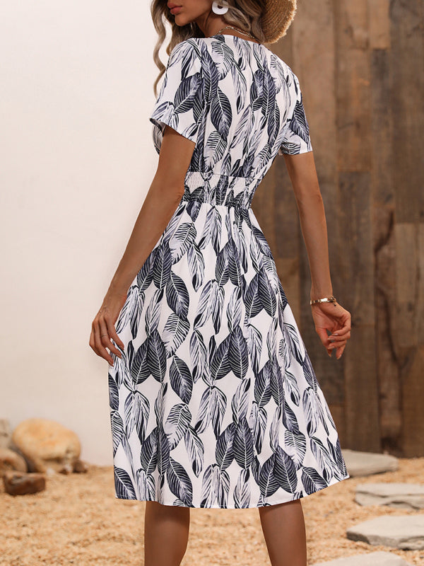 Leaf Print V-neck Vacation Midi Dress