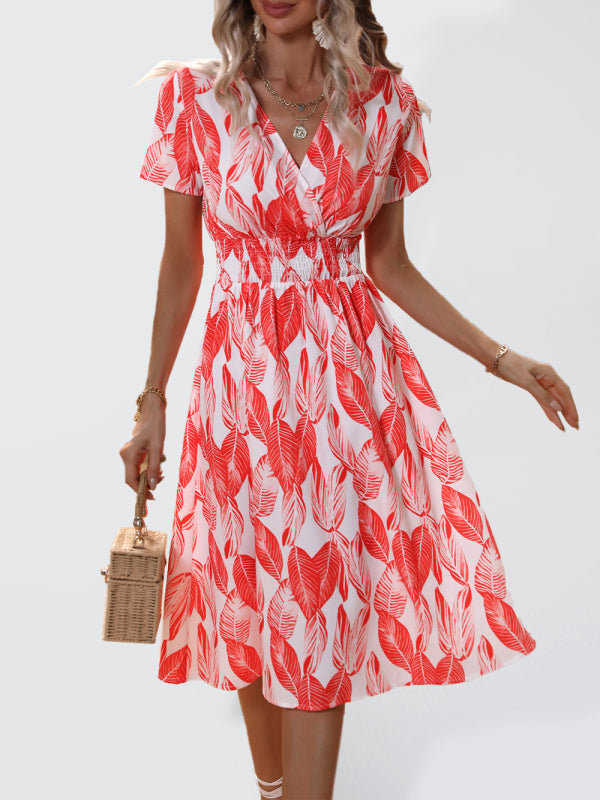 Leaf Print V-neck Vacation Midi Dress