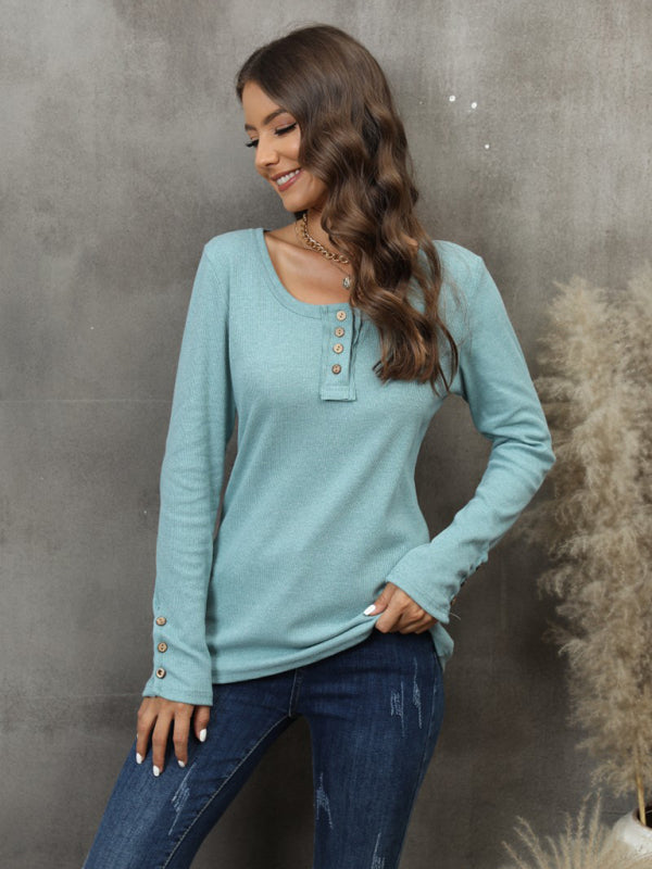Women's Button Vest Color V-Neck Long Sleeve T-Shirt Top
