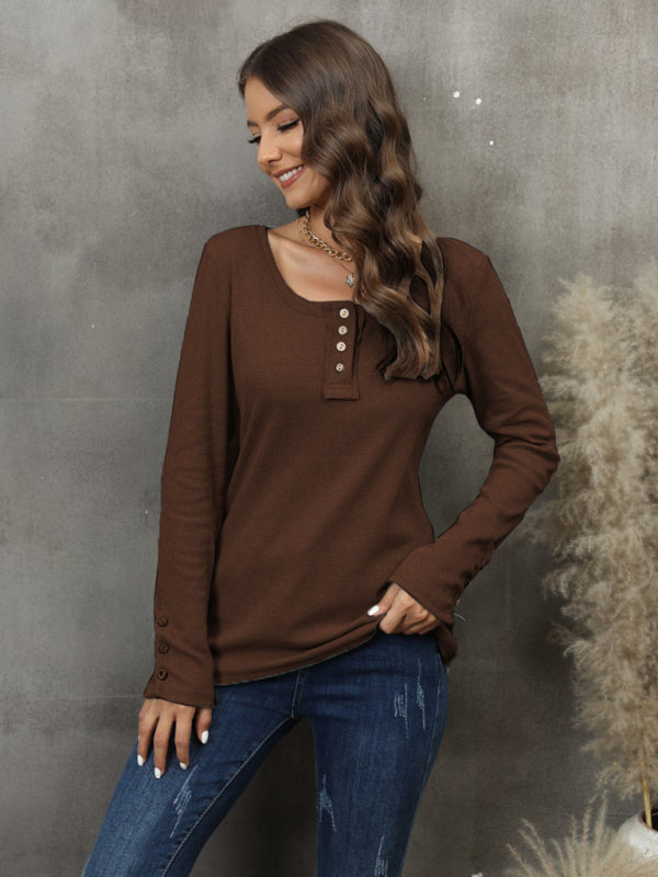 Women's Button Vest Color V-Neck Long Sleeve T-Shirt Top