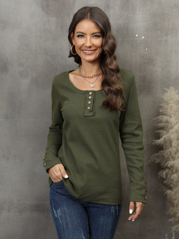 Women's Button Vest Color V-Neck Long Sleeve T-Shirt Top