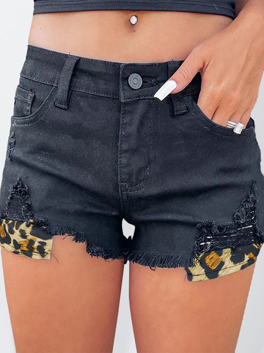 Women's High Waist Leopard Pocket Ripped Denim Shorts