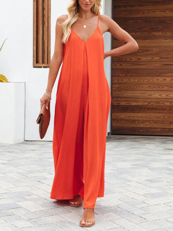 New cross-border solid color side pocket casual jumpsuit