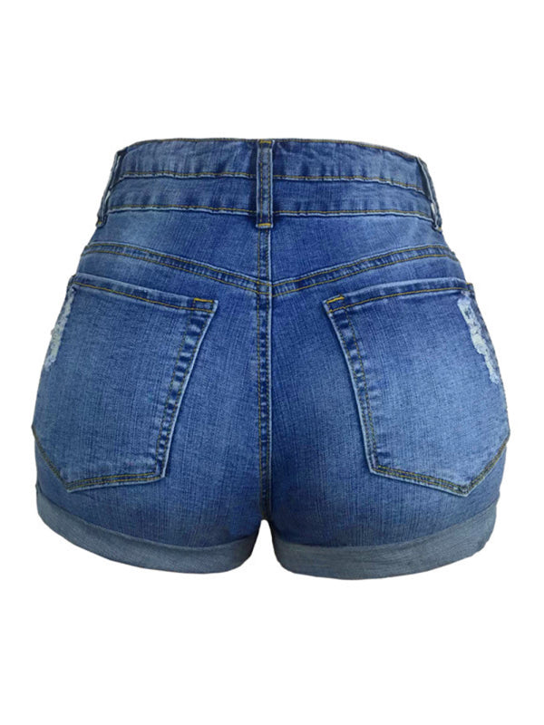 Trendy ripped rolled edge elastic high waist denim shorts women's hot pants