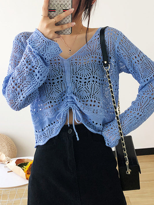 Long-sleeved mesh summer top drawstring hollow V-neck blouse thin section