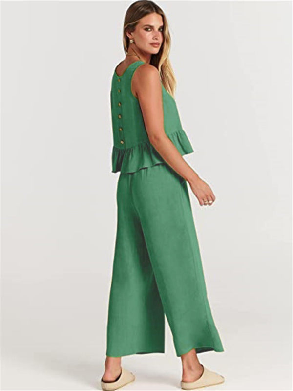 Sleeveless pleated vest wide-leg cropped pants casual suit