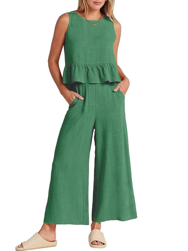 Sleeveless pleated vest wide-leg cropped pants casual suit