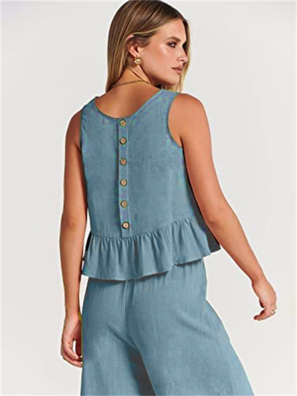 Sleeveless pleated vest wide-leg cropped pants casual suit