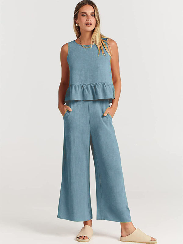 Sleeveless pleated vest wide-leg cropped pants casual suit