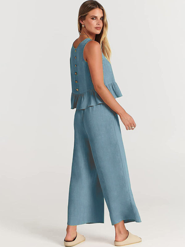 Sleeveless pleated vest wide-leg cropped pants casual suit